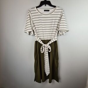 Merokeety Striped Ruffle Sleeve Tie Waist Midi Dress Medium Green Pockets Casual